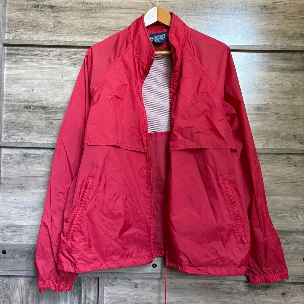 Lands' End Sporty Lightweight Breathable Red Rain Jacket Zip Front Mens XL 46-48